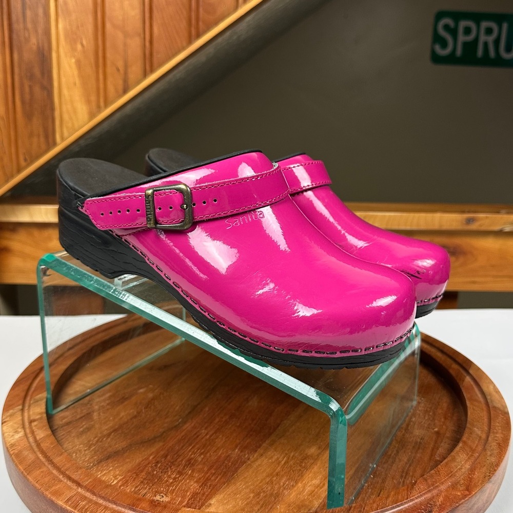 Sanita Professional Clogs Pink Patent Leather Buckle Strap Mules Women Size 38